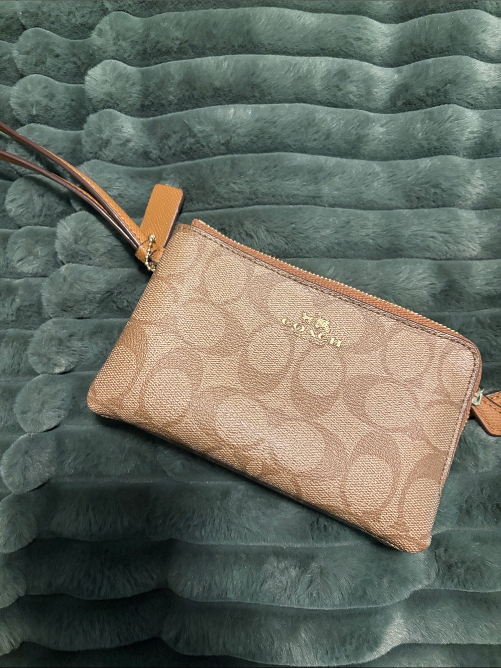 Coach Brown Signature Zip Wristlet with Gold Logo
